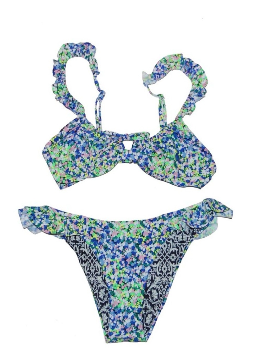 NWT Maaji Jot Follow Blue Black Multi Floral Underwire Top Ruffle Bikini Set M